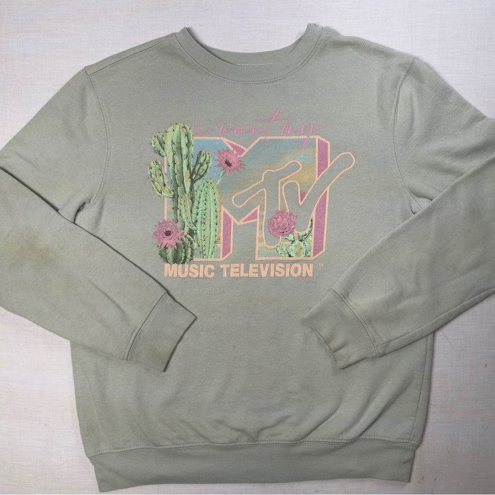 Women's Sz S MTV Long-Sleeve Sweatshirt With Cactus I Want My MTV Green And Pink